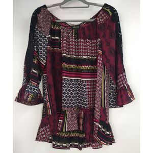 Melissa Paige Womans Medium‎ Top Blouse Bell Sleeve Semi Sheer Crochet Sleeve